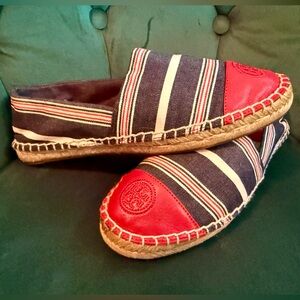 Tory Burch Nautical Striped Leather Espadrilles - red white and blue stripes